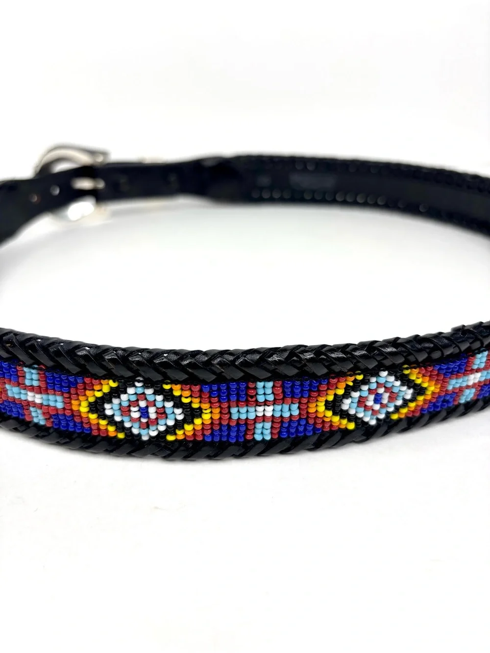 Brighton 1991 Beaded Aztec Southwest Black Braided Leather Belt Silver Buckle M‎
